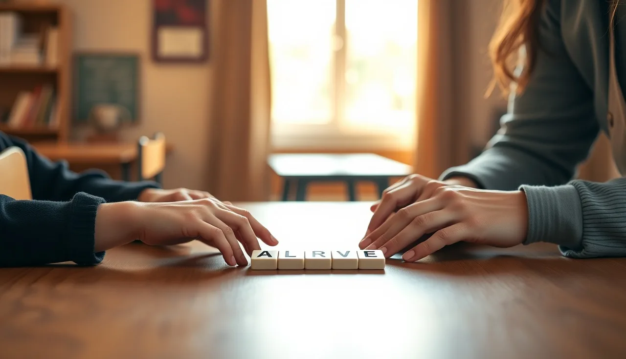 Child and teacher hands arranging letter tiles during a structured literacy lesson