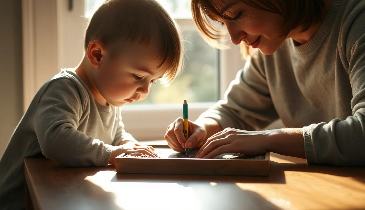 Child tracing letters in sand with adult tutor during reading lesson