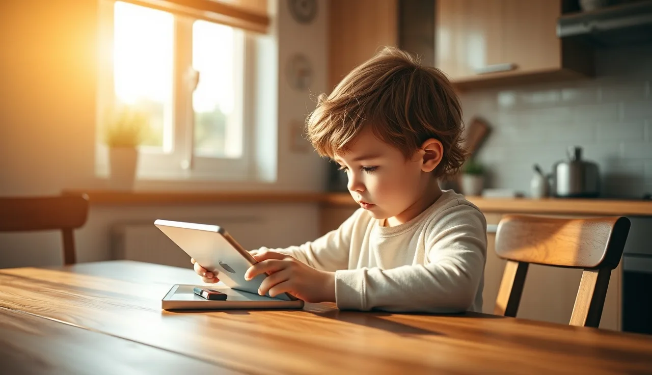 Young child concentrating on a reading app at a kitchen table in morning light