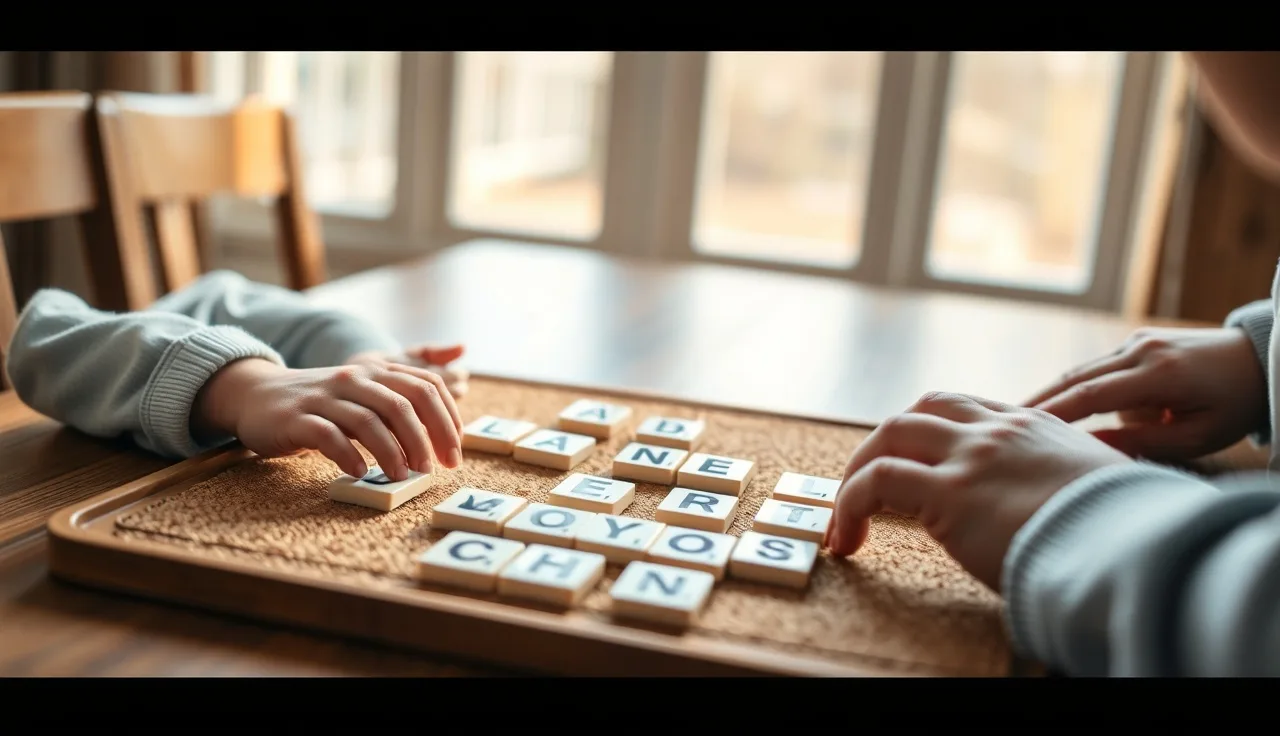 Child arranging letter tiles on a cork mat during a reading lesson at home