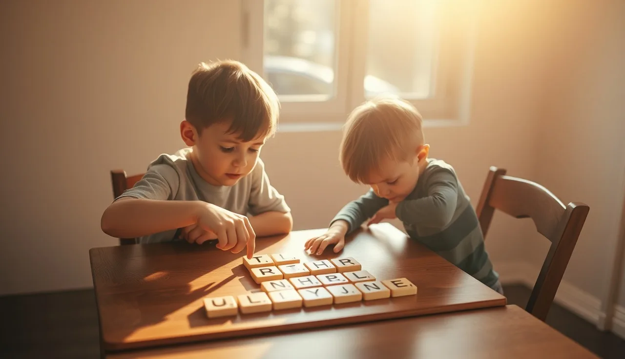Child and tutor working with letter tiles during a reading lesson at a wooden table