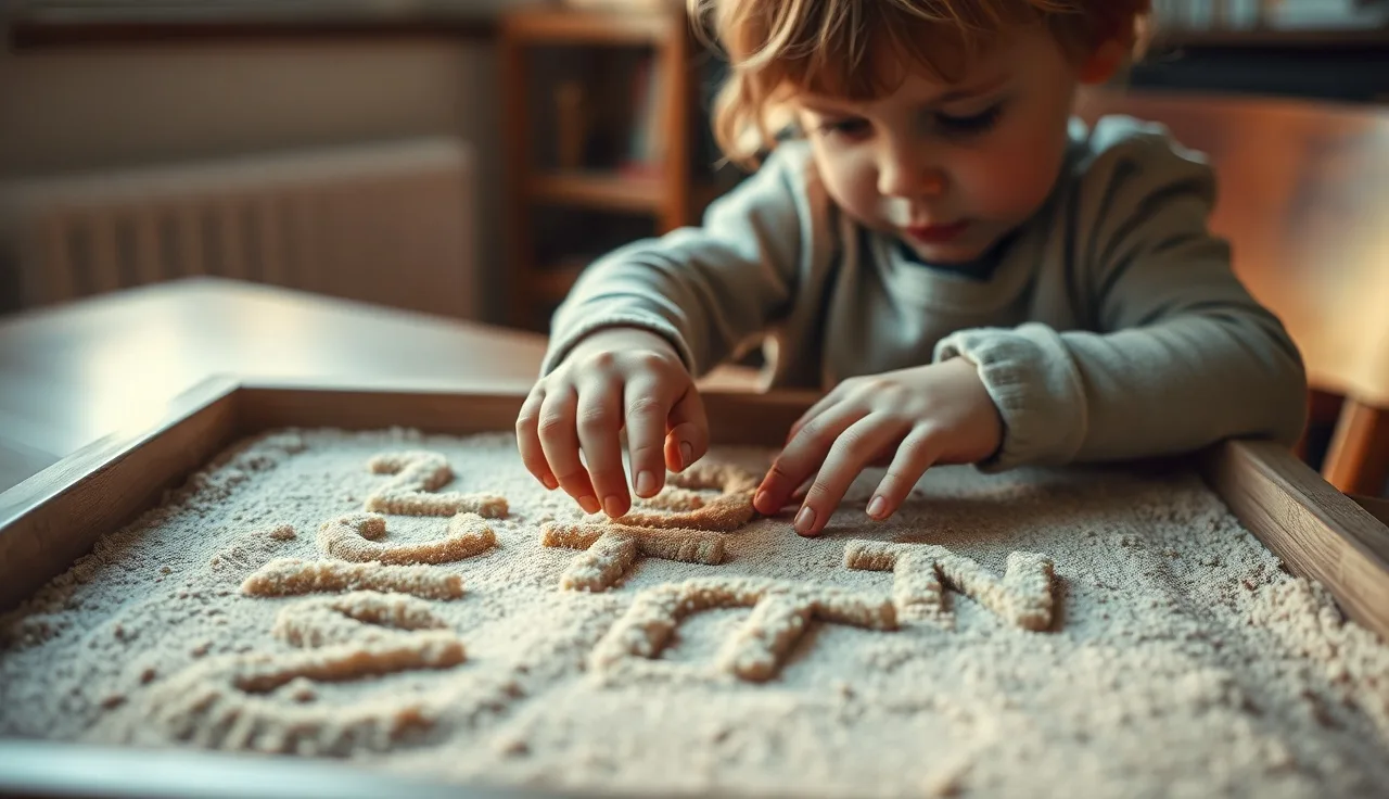 Child tracing letters in sand tray during structured multisensory reading lesson