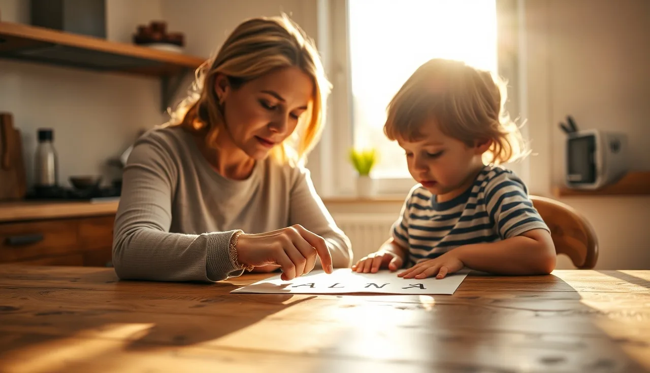 Adult and child doing multisensory letter-tracing practice at a kitchen table