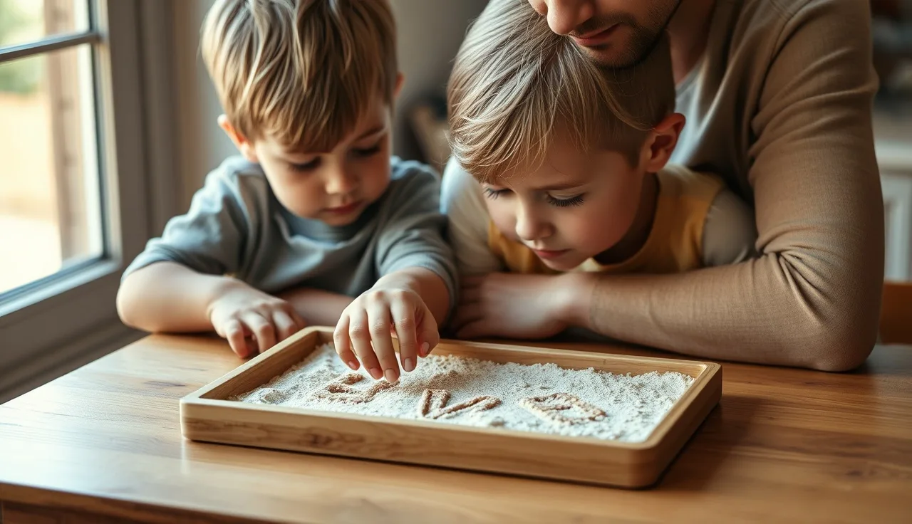 Child tracing letter shapes in sand tray during structured literacy lesson with adult