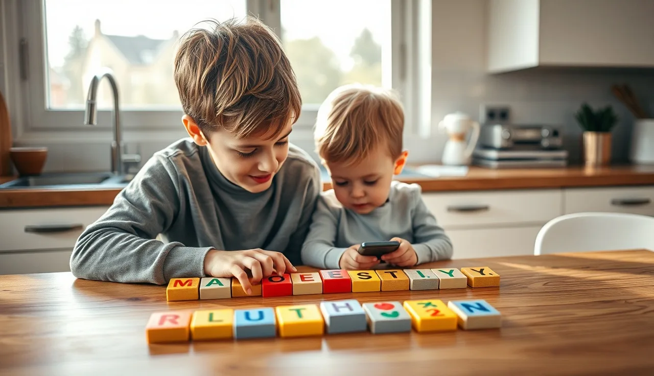 Child and adult arranging colorful letter tiles during a reading lesson at home