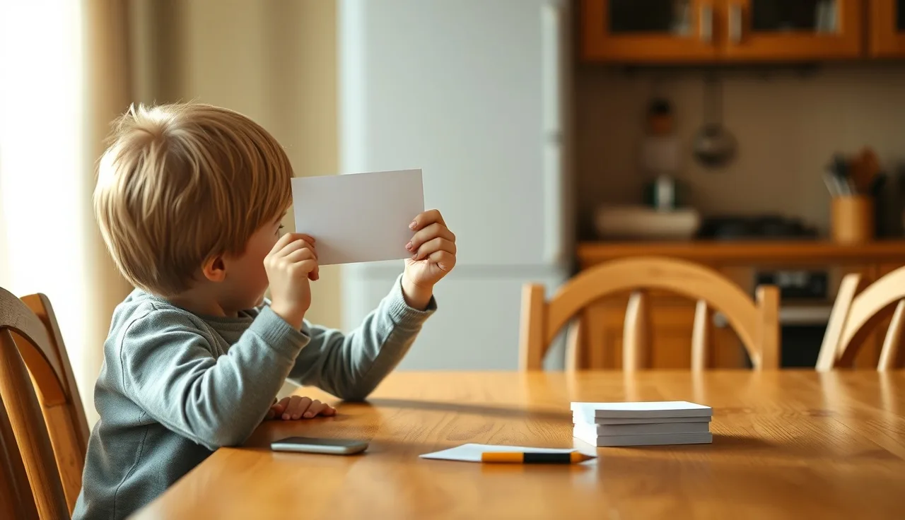 Child holding an Orton-Gillingham phonics flashcard at a kitchen table during a reading practice session