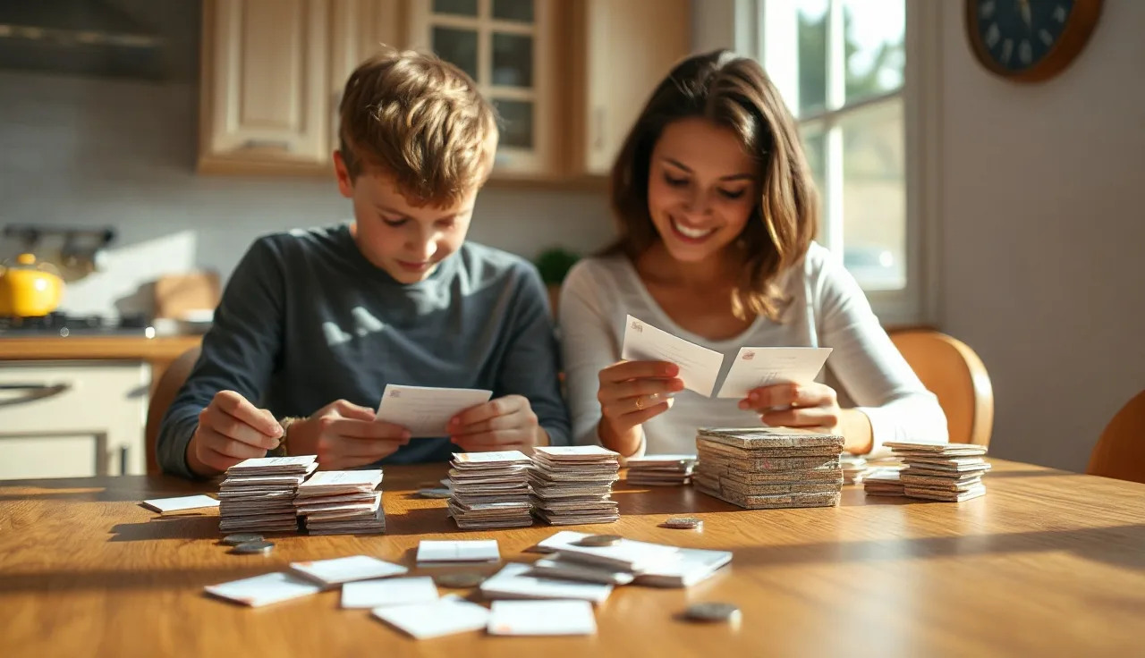 Child and parent sorting handwritten phonics cards on a wooden kitchen table