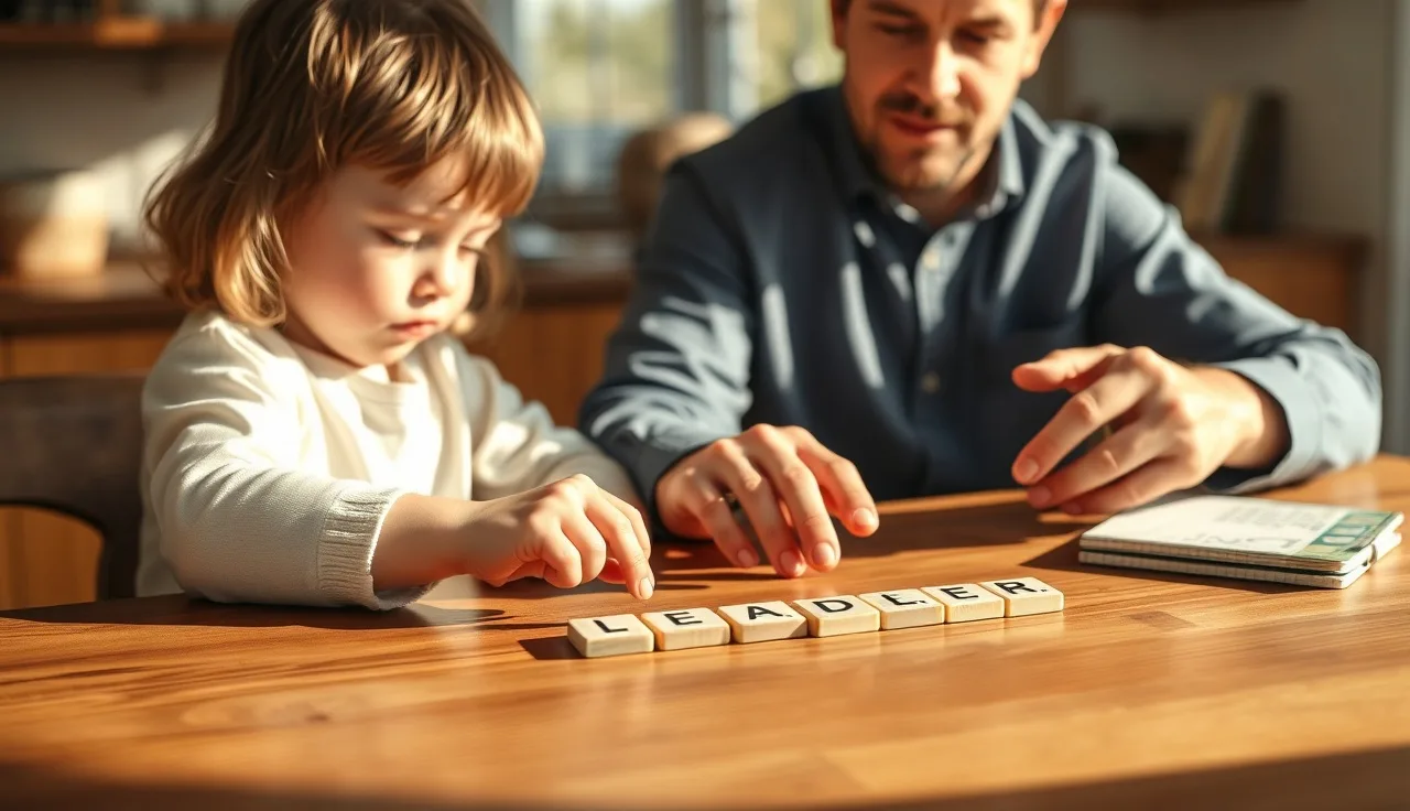 Child and adult working with letter tiles at a table during structured reading lesson