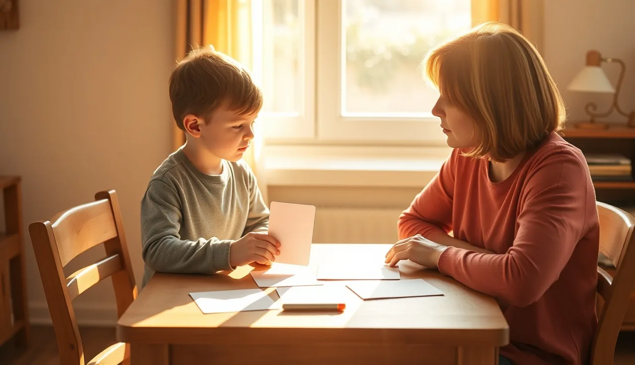 Child and adult practicing phonogram flashcards at a wooden table in morning light