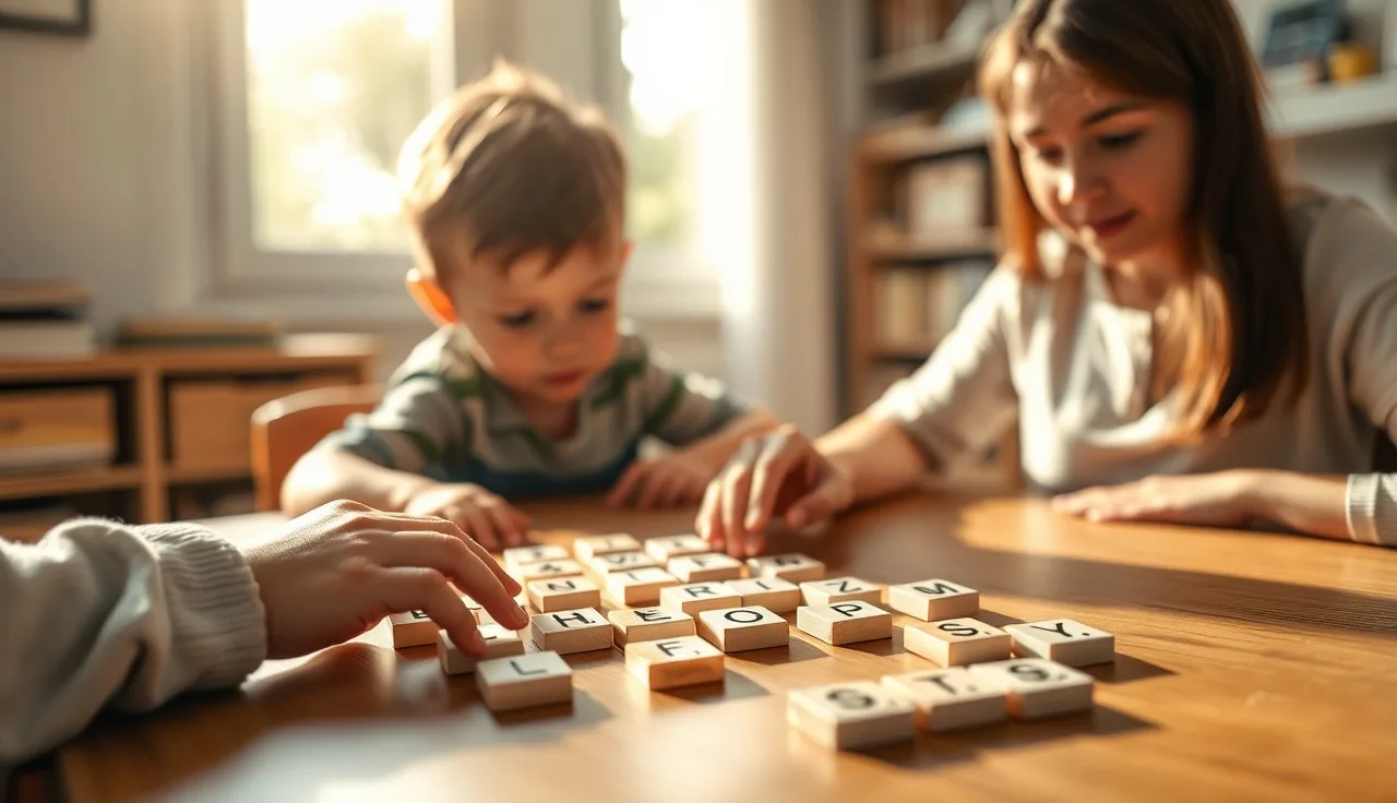 Child's hands tracing tactile letter tiles during a one-on-one reading lesson