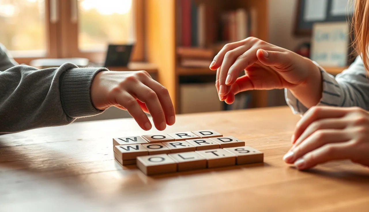 Child and teacher arranging word-part tiles on a wooden table during morphology lesson