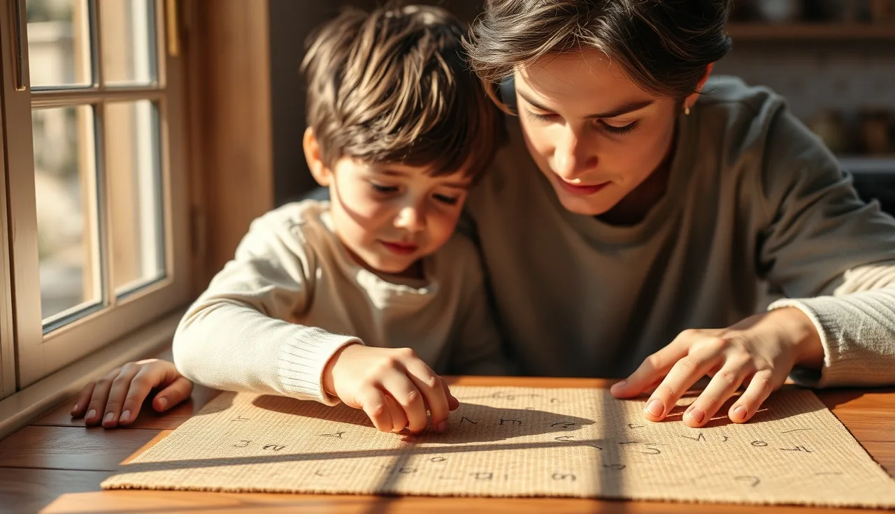 Child tracing letters on a textured mat during one-on-one reading instruction