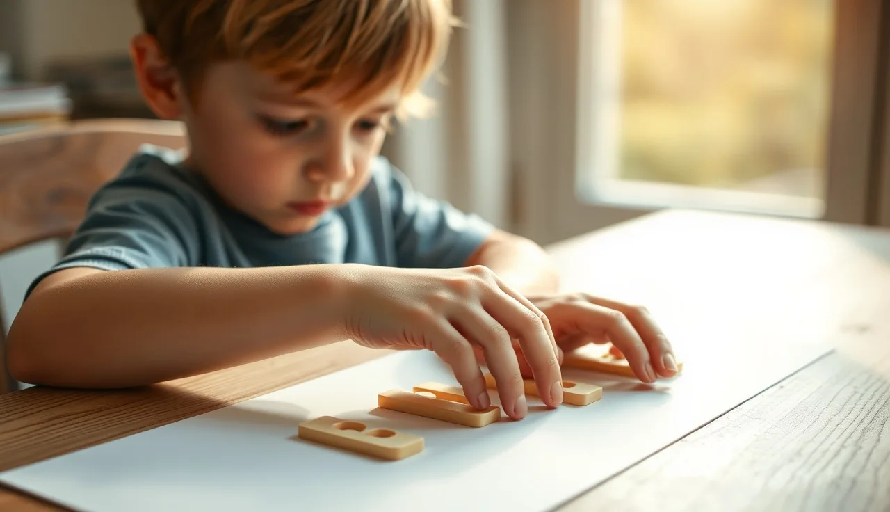 Child tracing letters with fingertips during one-on-one reading intervention session