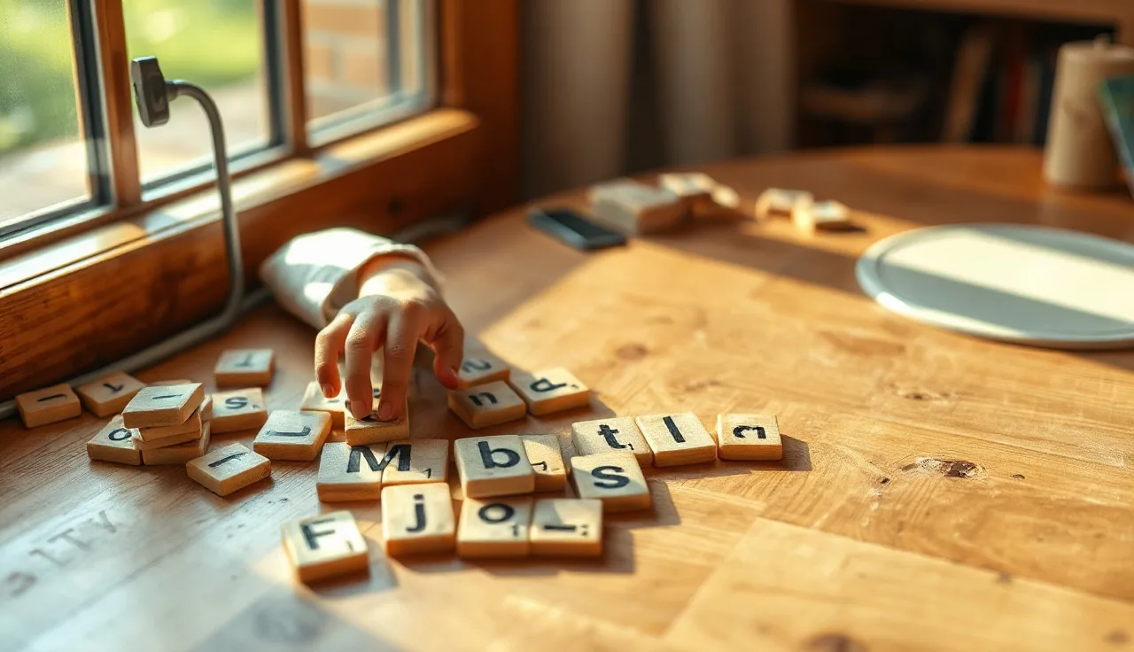Child's hands arranging letter tiles on a wooden table for reading practice