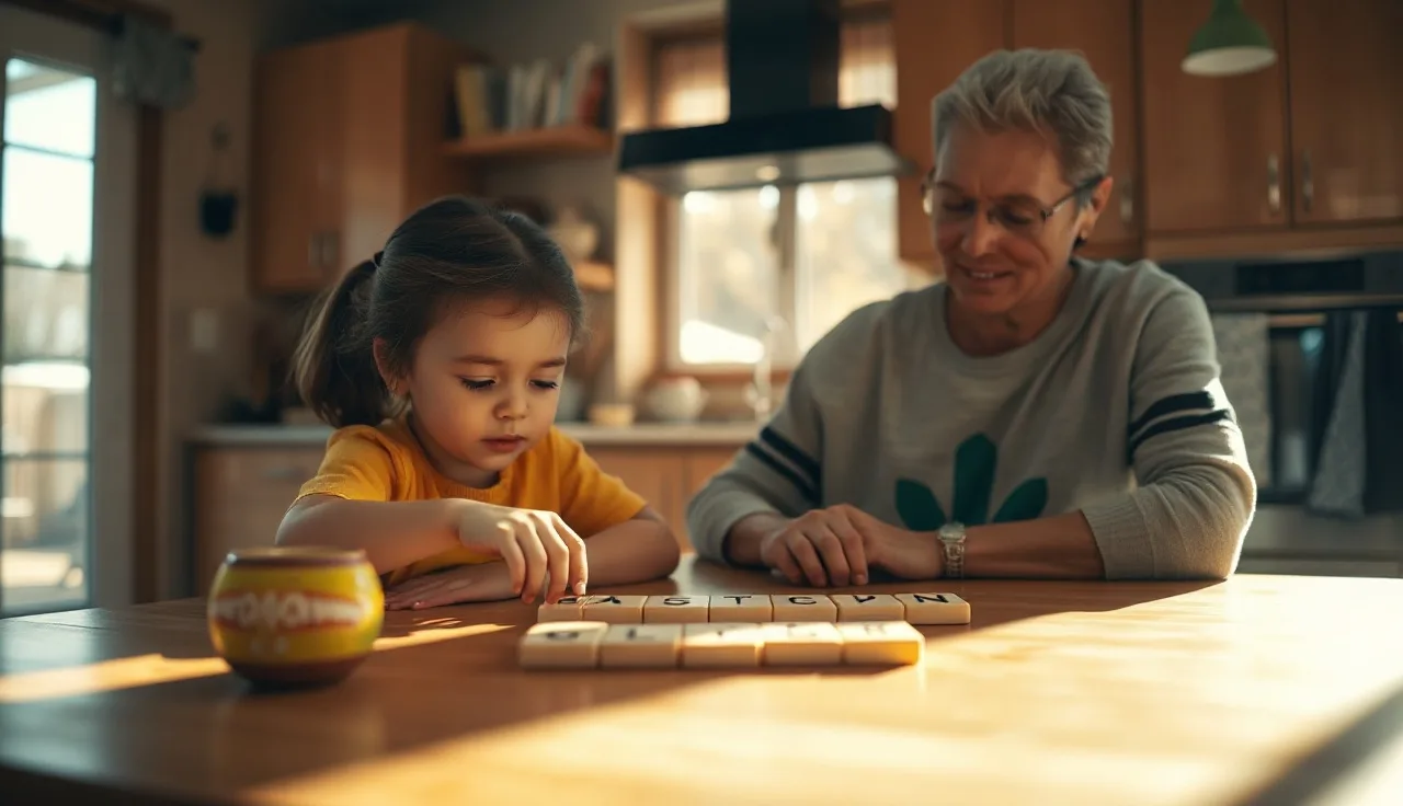 Child and adult working with letter tiles at a kitchen table in morning light