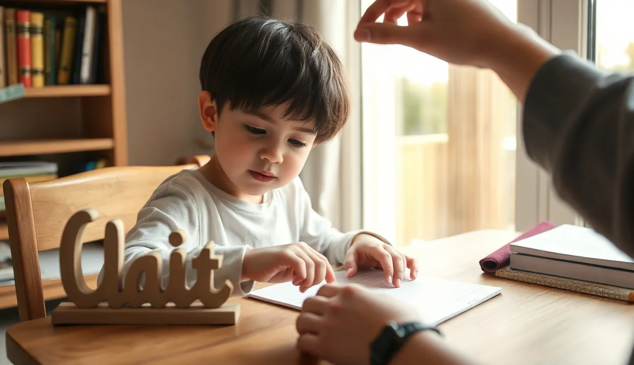 Child practicing phonics letter cards at a sunlit home desk with adult guidance