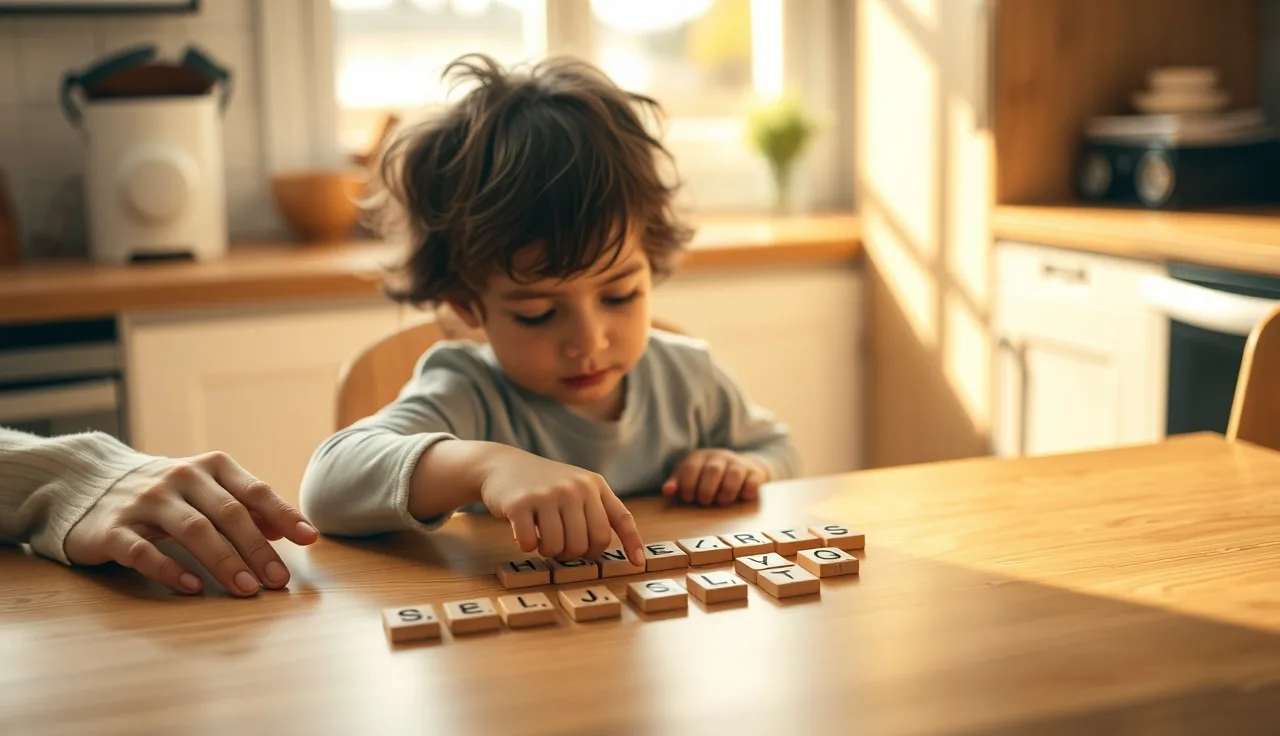 Child sorting letter tiles on a kitchen table with a parent nearby during morning light