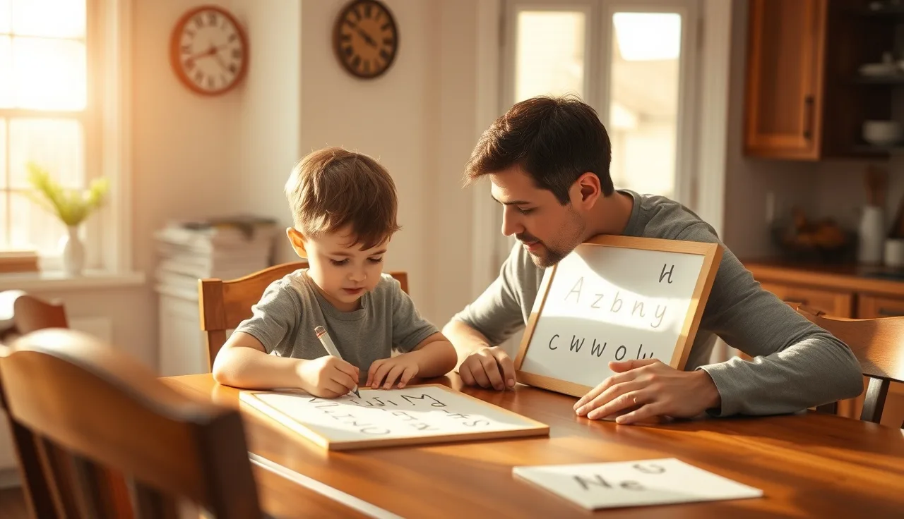 Child writing letters on a whiteboard during a structured literacy tutoring session