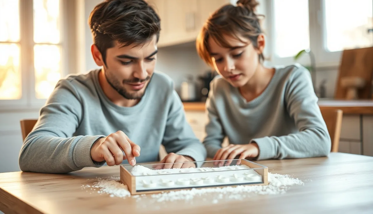 Parent guides child tracing letters in salt tray during home reading lesson