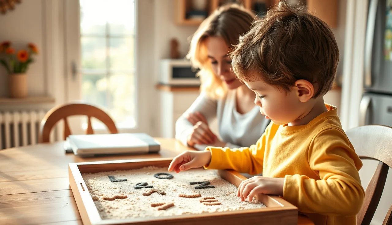 Child tracing letters in a sand tray during Orton-Gillingham tutoring session at home