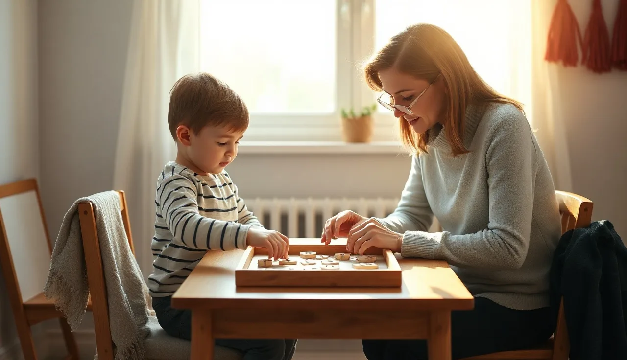 Child and adult tutor working with letter tiles at a wooden table during an Orton-Gillingham session