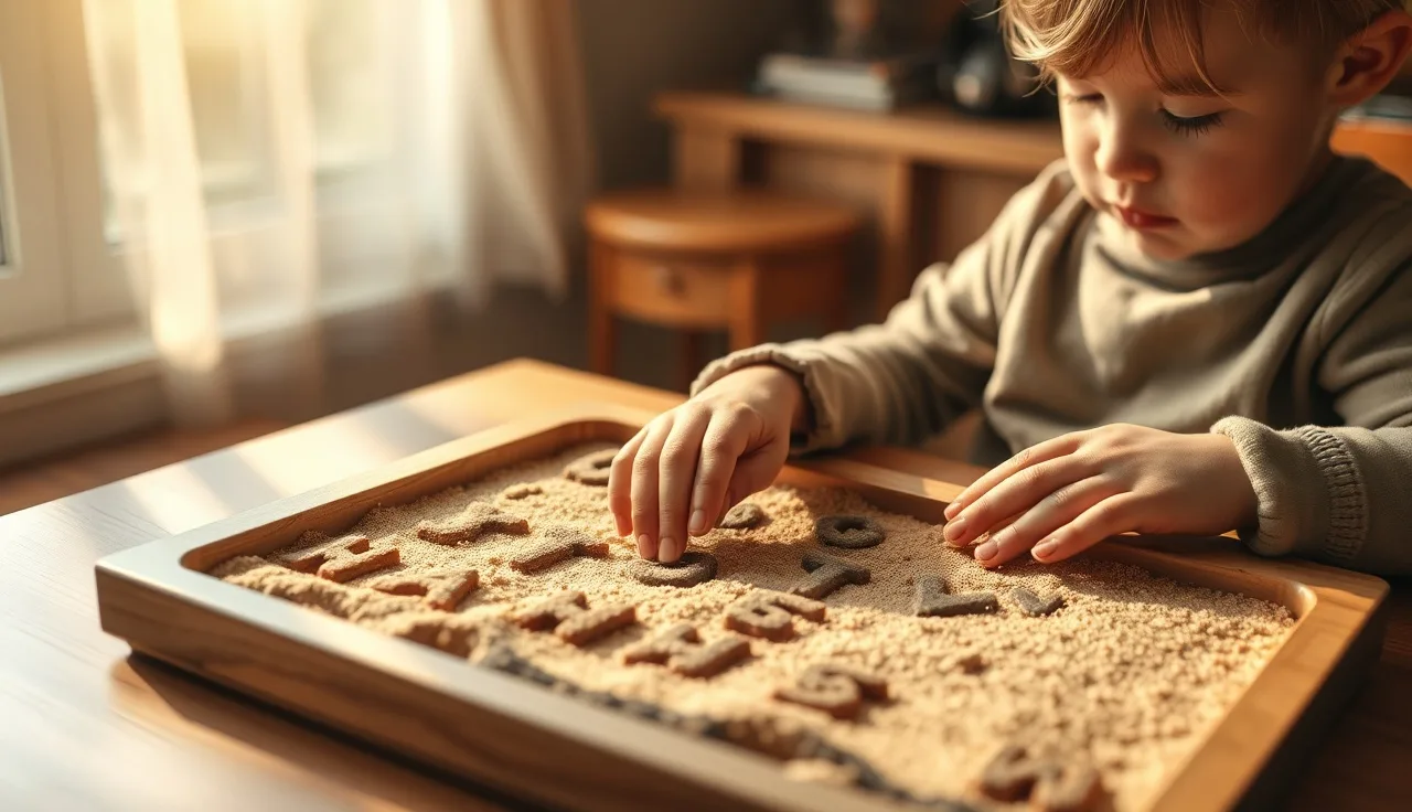 Child tracing vowel patterns in a sand tray during one-on-one reading instruction