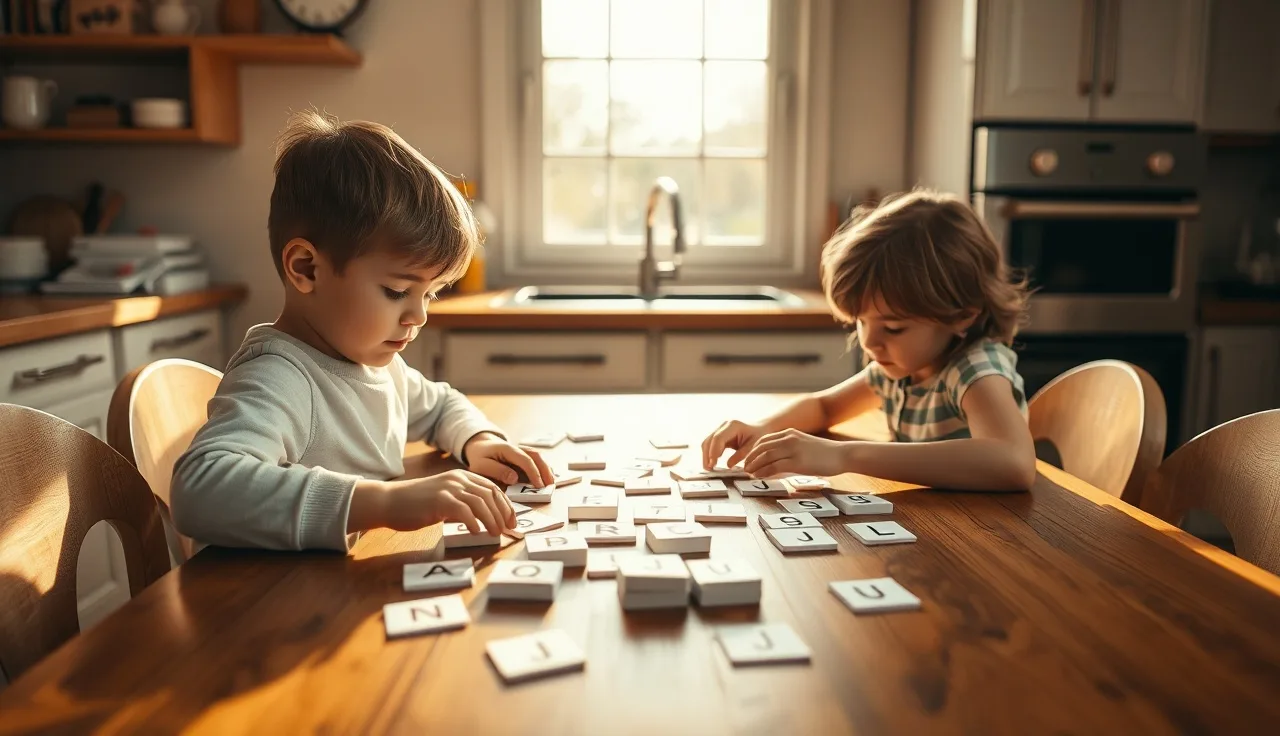 Child and adult working with letter cards at a kitchen table in afternoon light