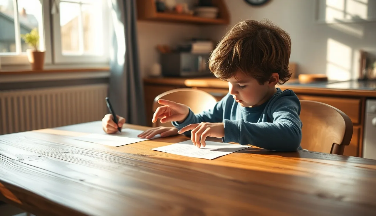 Child and adult practicing phonics writing together at a kitchen table