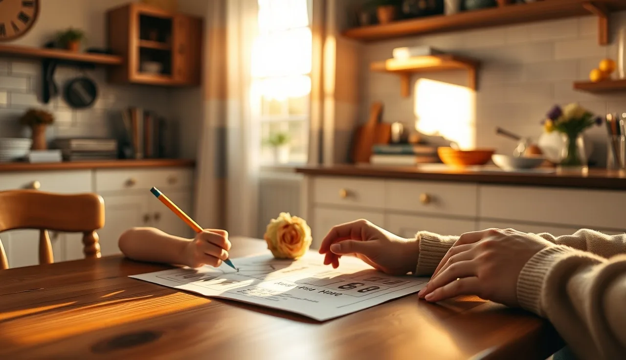 Child practicing phonics worksheet at kitchen table with adult nearby