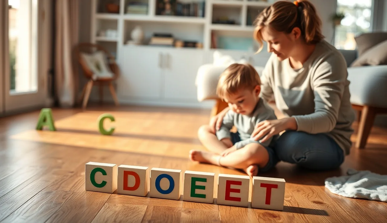 Young child and parent arranging letter tiles on a wooden floor practicing sight words