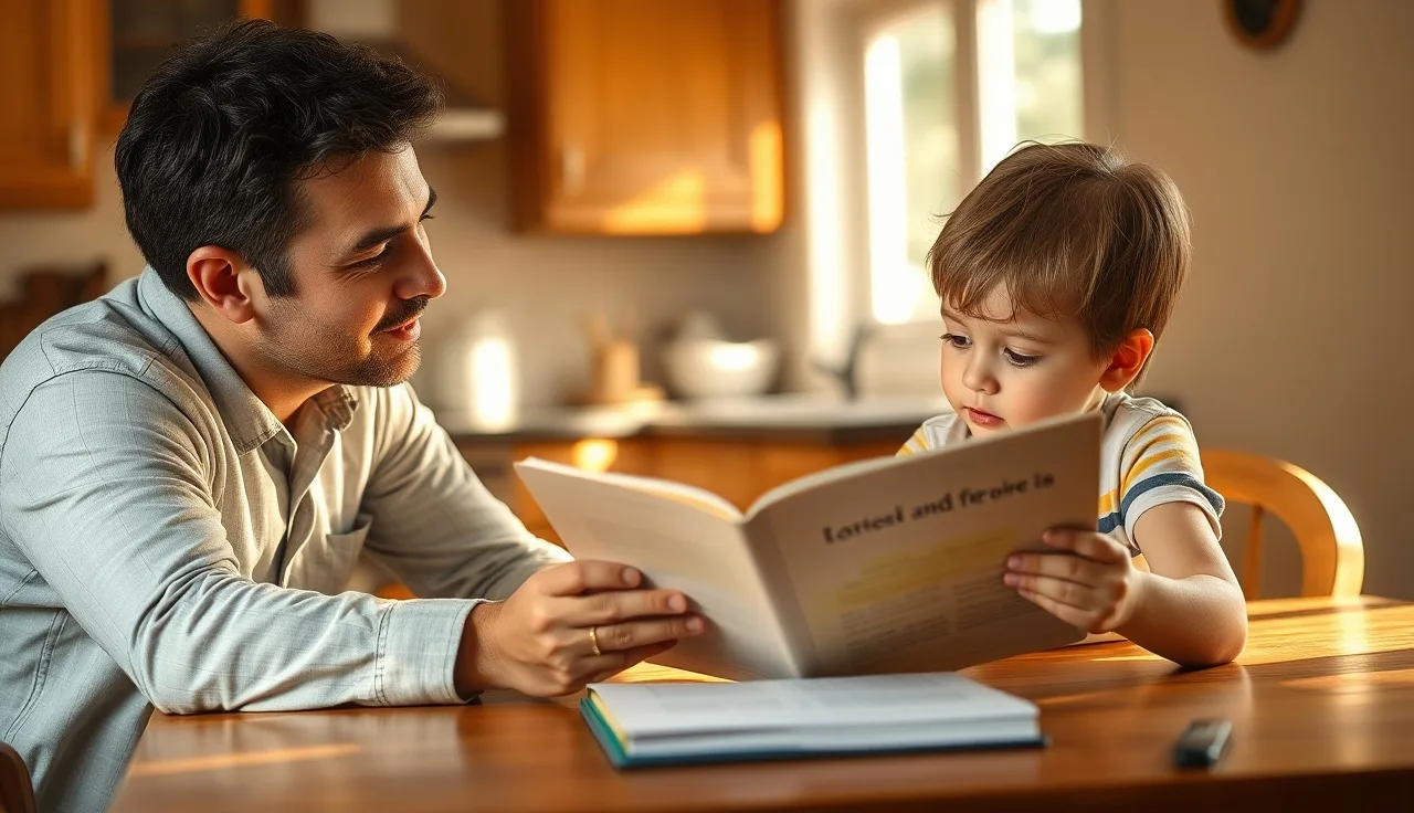 Child reading aloud at kitchen table while adult listens attentively in warm light