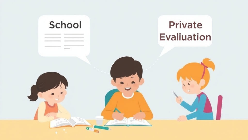 Visual guide for practical steps in school vs private dyslexia evaluation