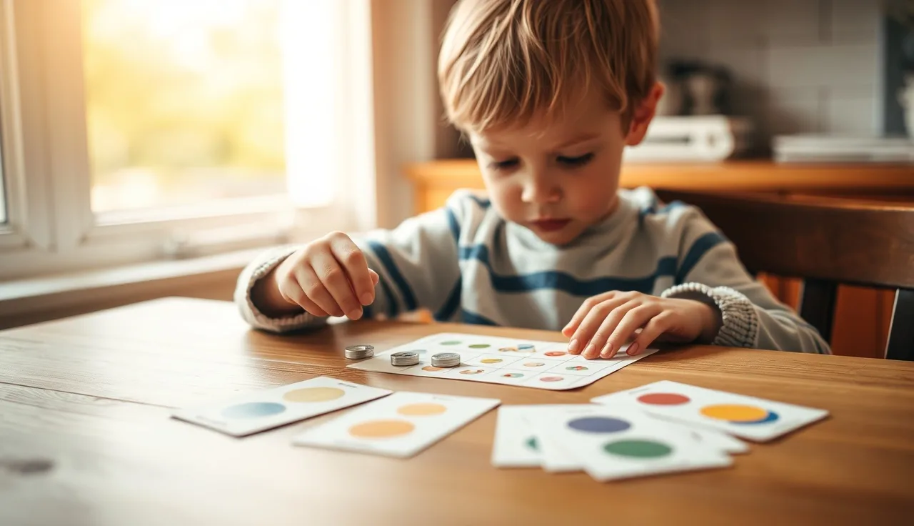 Child placing game tokens on a sight word bingo card at a kitchen table