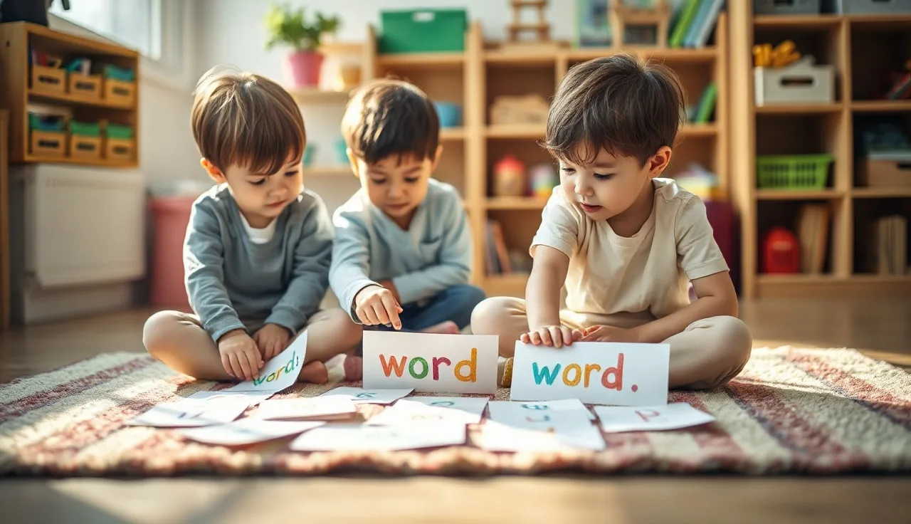 Two young children playing a sight word card game on a classroom rug