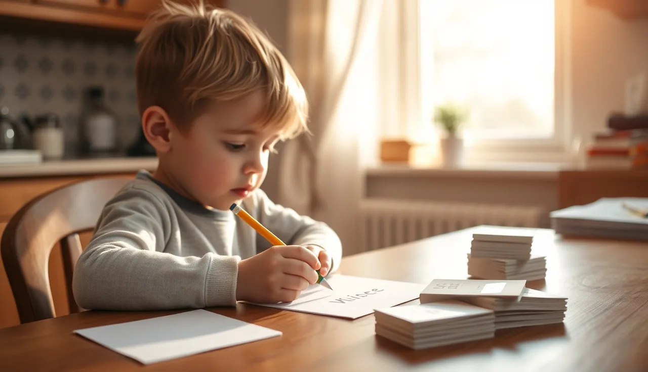 Child practicing writing words on a sheet at a kitchen table