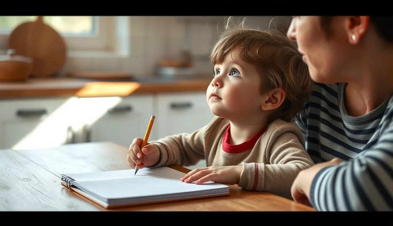Six year old child pausing while writing, with a parent nearby at a table