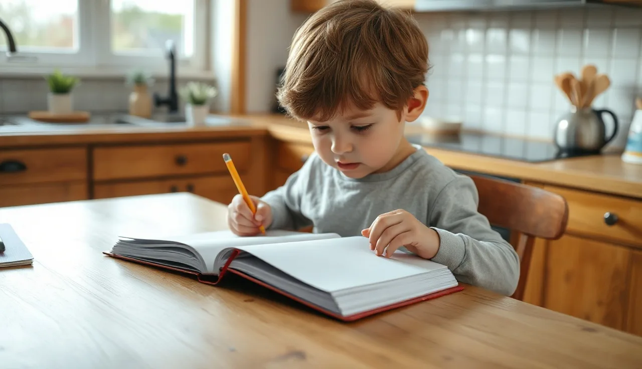 Young child writing in a notebook at a kitchen table, concentrating