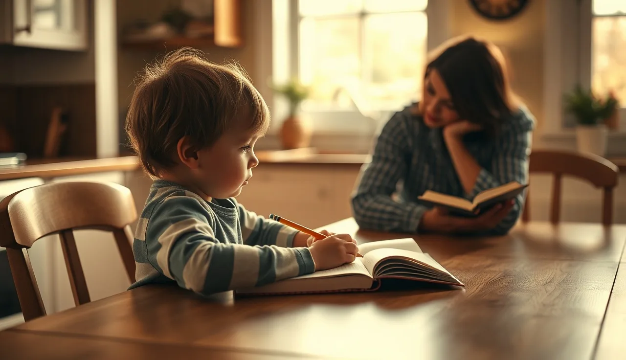 Child sitting at kitchen table with pencil and notebook, parent nearby