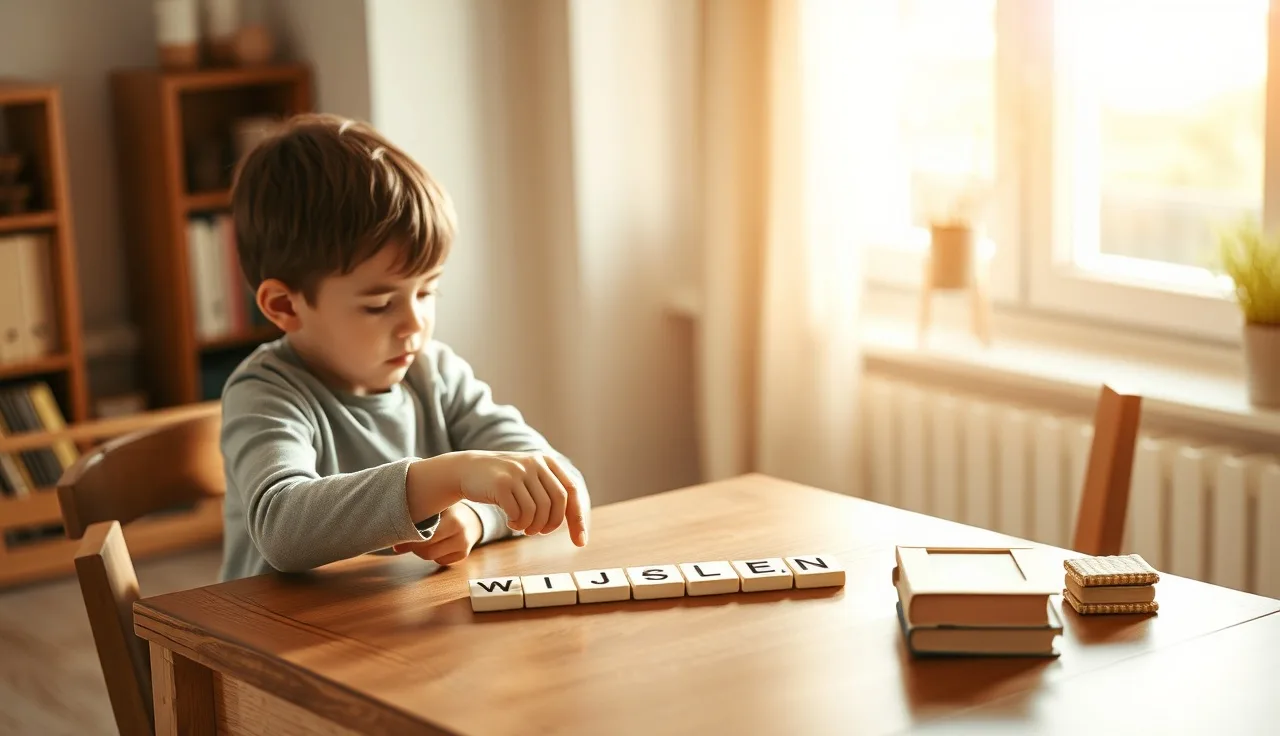 Child and adult tutor working with letter tiles at a wooden table in warm light