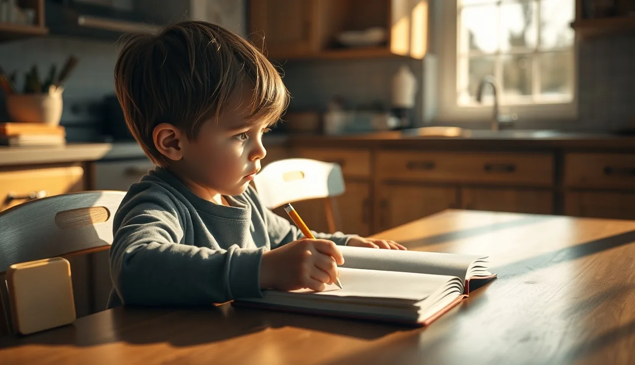 Bright child sitting alone at a table looking frustrated while attempting to write