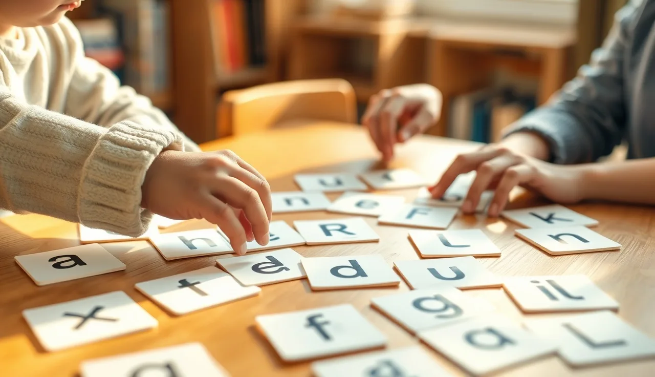 Child tracing letter cards at a table during a structured literacy session