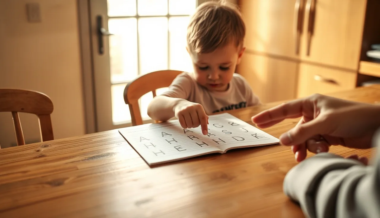 Child tracing letters on paper with parent's guidance at kitchen table