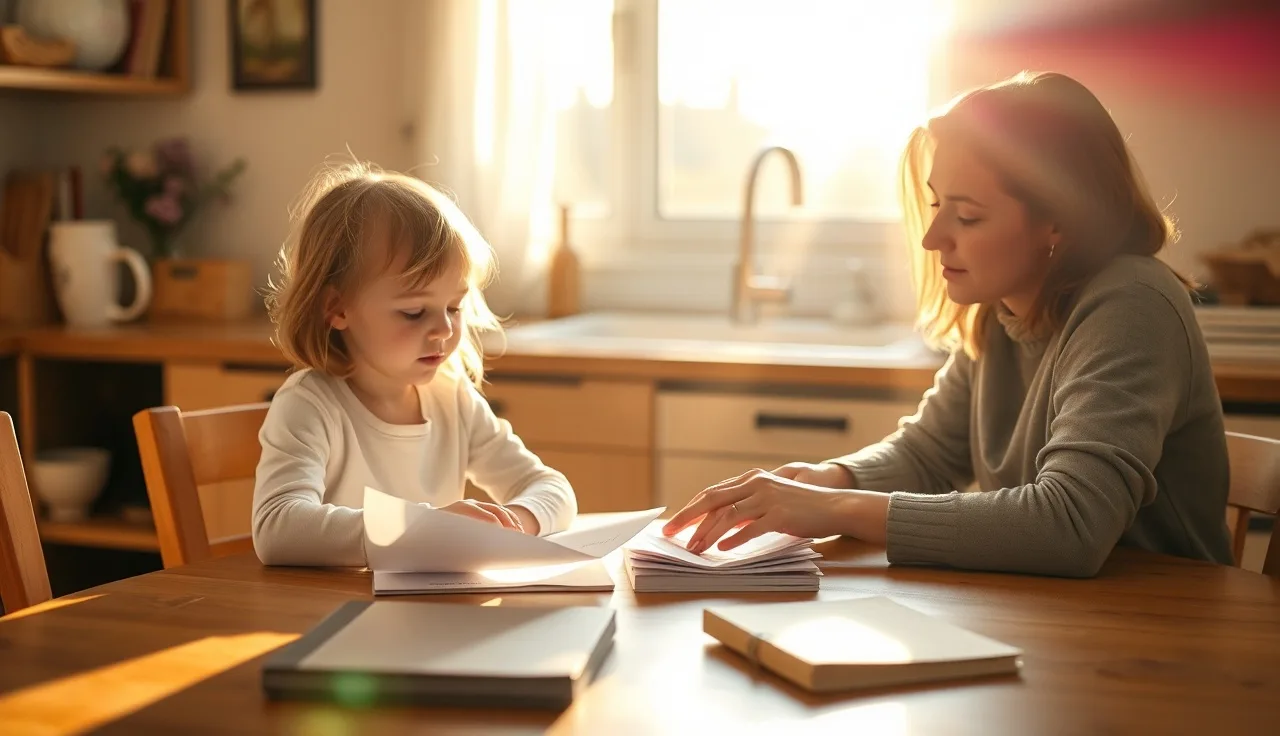 Child and parent working together at a kitchen table, supporting reading practice