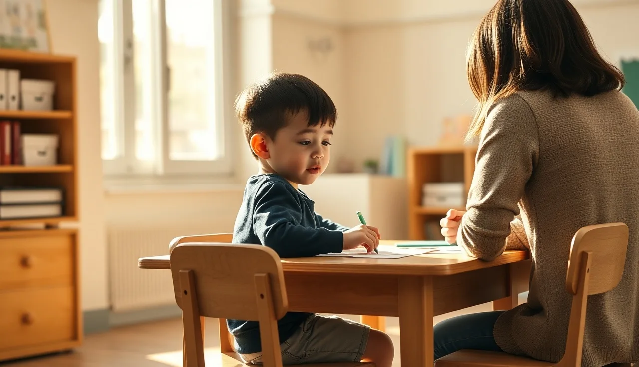Child and teacher working together on phonics cards at a sunlit classroom table