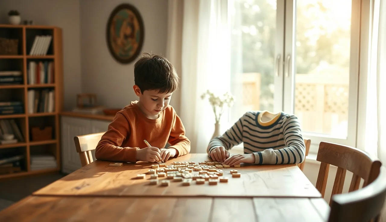 Child and tutor working with letter tiles at a sunlit wooden table