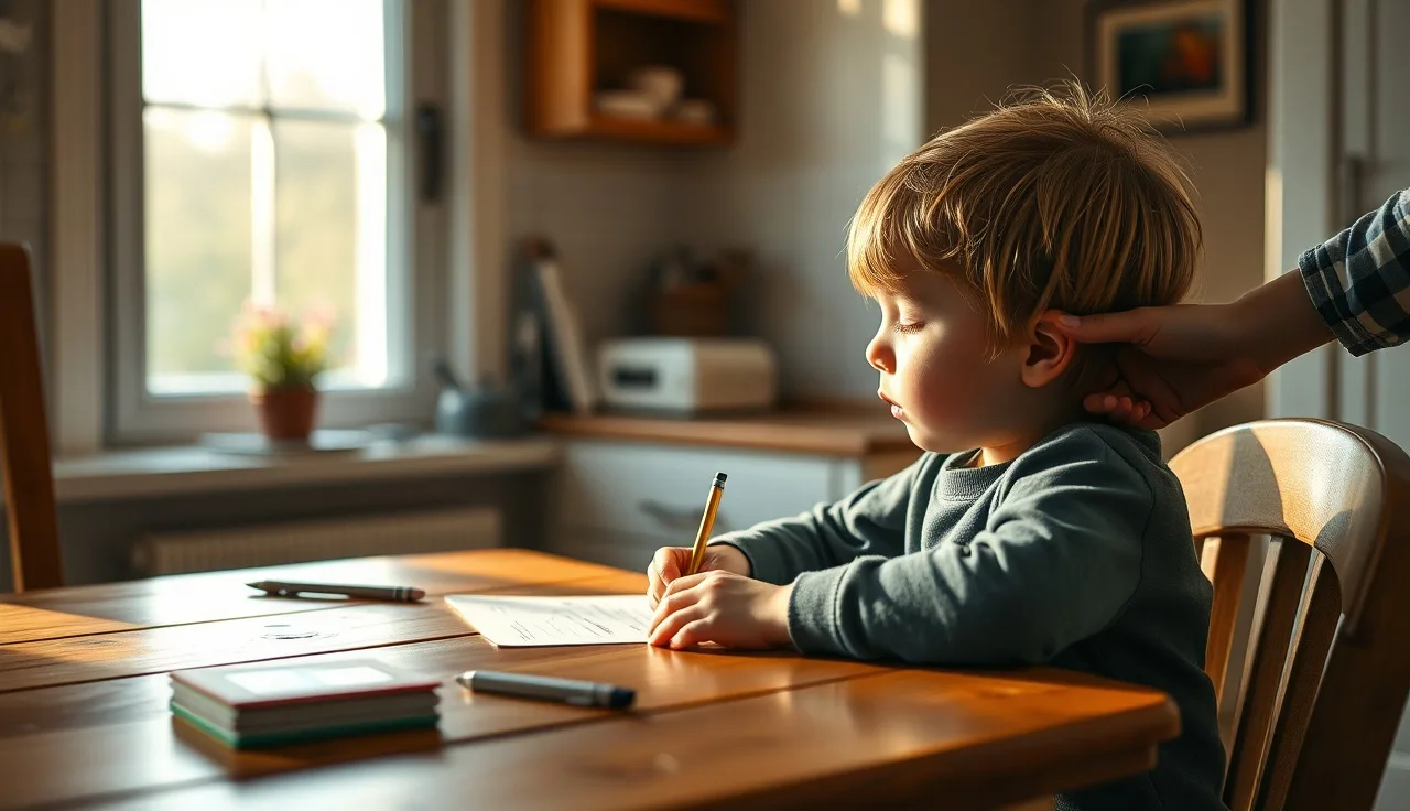 Child at kitchen table working on schoolwork with parent nearby, learning disabilities concept