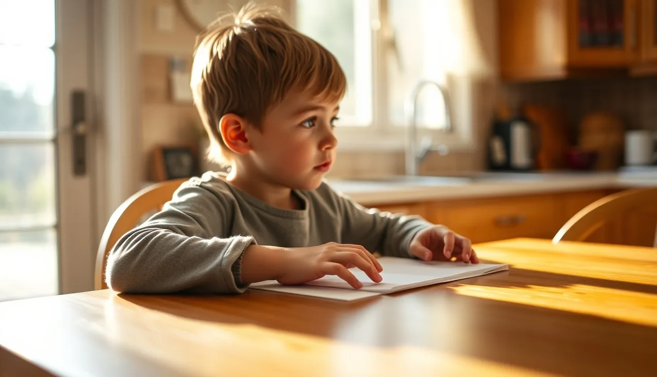 Child sitting at kitchen table in morning light, looking toward window