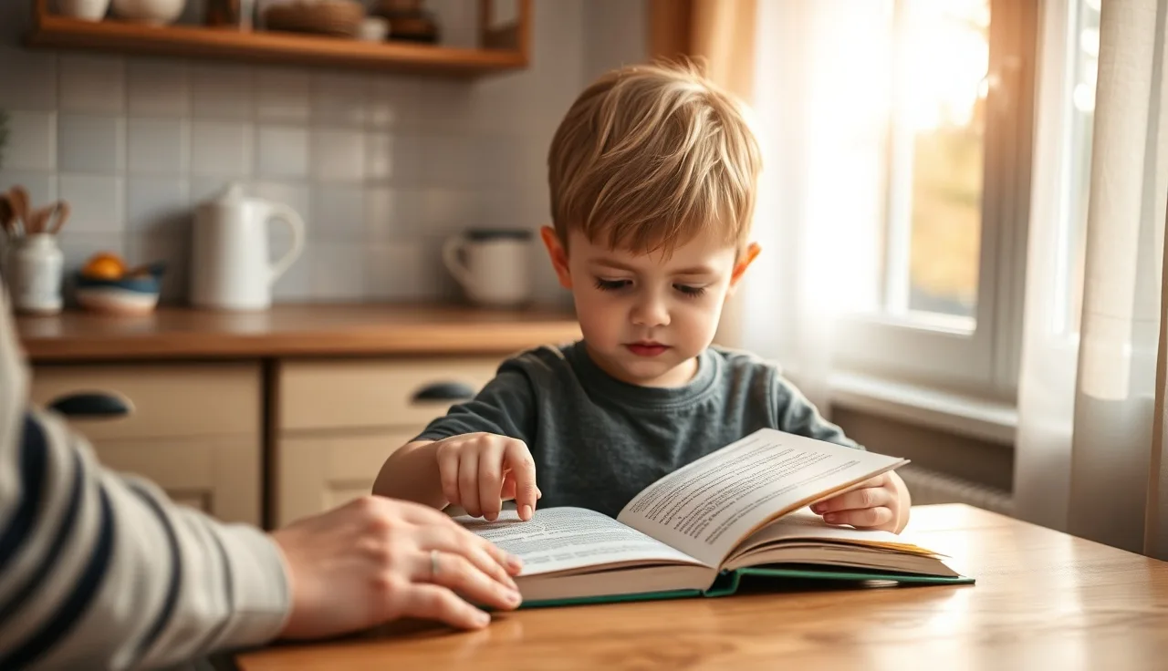 Young child pointing at words in a small paperback decodable book at a kitchen table