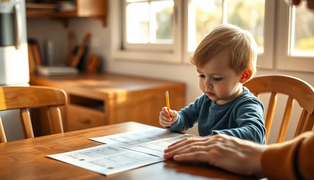 Young child working on reading worksheets at a kitchen table with adult nearby