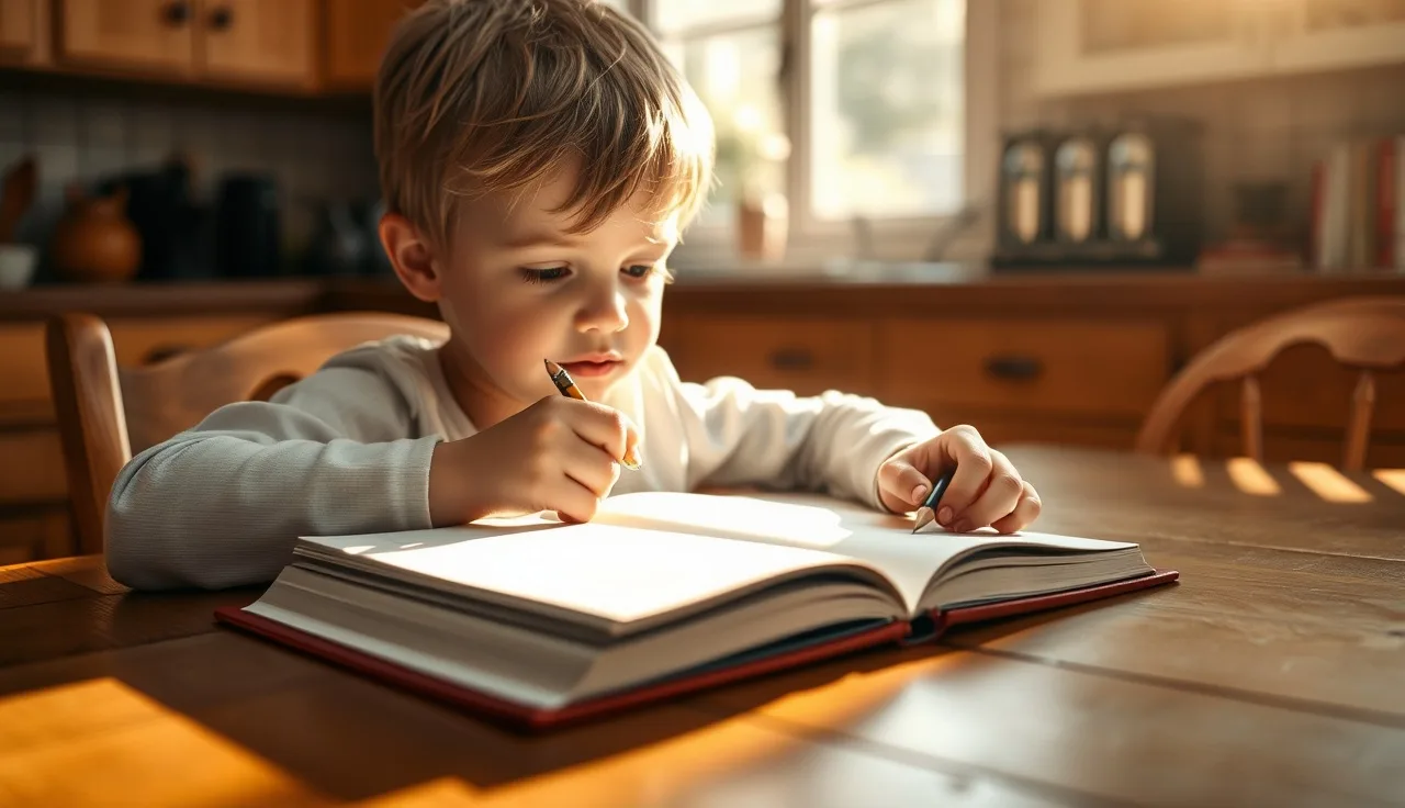 Young child sitting at a kitchen table looking at a notebook with a pencil